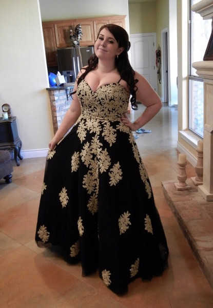 Fashion Black With Gold Lace Applique Plus size Prom Evening Dresses Special Ocassion Dresses Gowns Sweetheart A line Tulle Corset Back