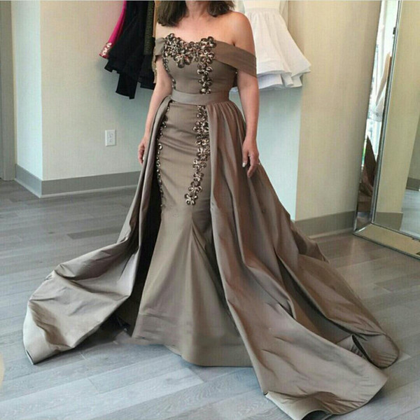 Elegant Gray Mermaid With Over Skirt Formal Evening Dresses Sweetheart Off the Shoulder Satin Celebrity Dress Court Train Red Carpet Dress