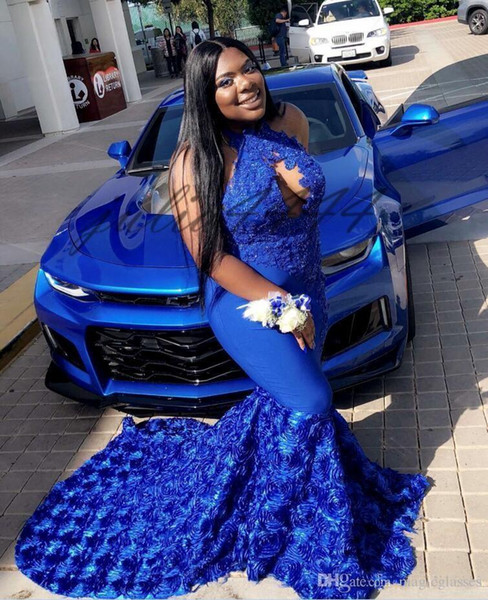 Royal Blue Plus Size Special Occasion Dresses Prom Dresses New Sexy Sleeveless Mermaid African 3D Rose Floral Flowers Evening Gowns Vestidos