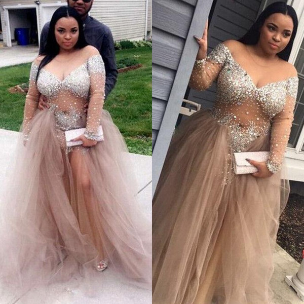 Plus Size Prom Dresses 2016 Sexy Sheer Off Shoulder V Neck Illusion Long Sleeve Crystal Beaded Tulle Evening Dress Custom Made EN7155