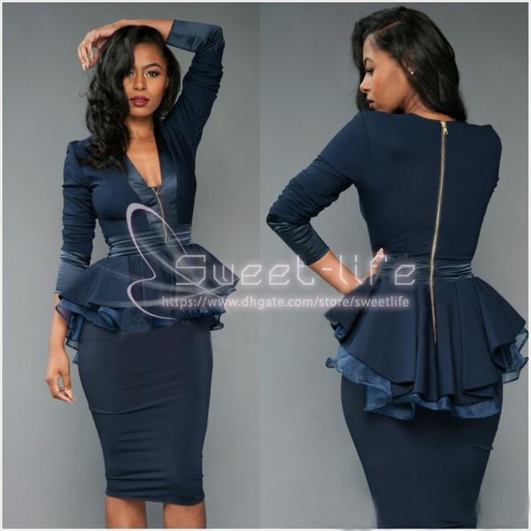 Rachael Milles Sheath Cocktail Dresses Knee Length Peplum Ruffles V Neck Zipper Bridal Party Dress Navy Blue Prom Gowns Mother Dress