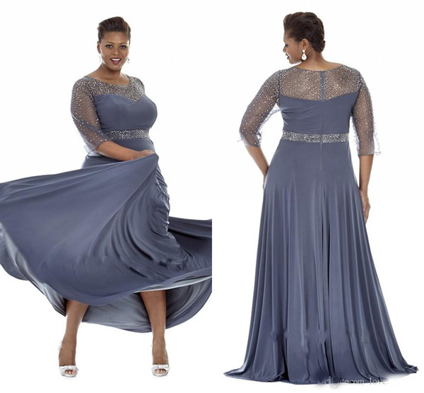 Gray Plus Size Special Occasion Dresses Sheer Sleeves Evening Gowns With Beads Mother of the Bride Dress Party Plus Long Dress