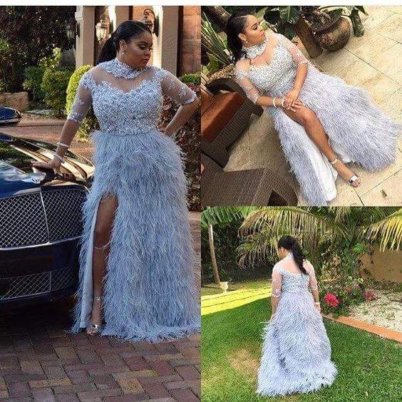 Stylish Feather Plus Size Prom Dresses With Half Sleeves Sheer High Neck Split Side Evening Gowns A-Line Applique Long Formal Guest Dress