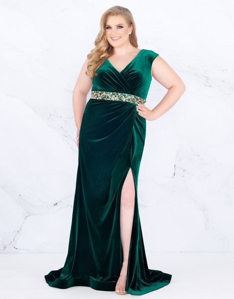 Sexy Dark Green Splits Plus size Evening Prom dresses V neck Velvet Zipper Back Sleeveless Beads Plus Size Special Occasion Dresses