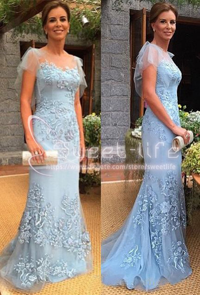 Blue Sheath Mermaid Mother of the Bride Groom Dresses Cap Sleeves Party Evening Dress Appliques Sweep Train for Bridal Guest