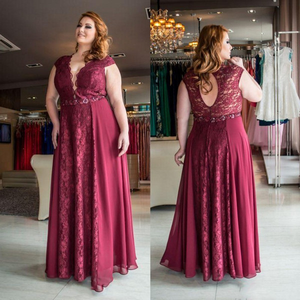 Plus Size Evening Gown Dress Red Wine Lace Vestidos De Fiesta Hollow Back Prom Dresses For Fat Women