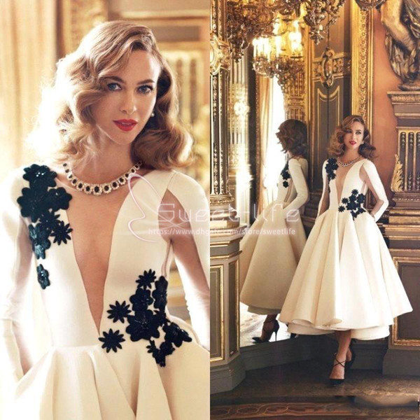 White New Long Sleeves Illusion Satin Mother of The Bride Dresses Satin A Line Tea Length Applique Beaded Party Evening Dresses