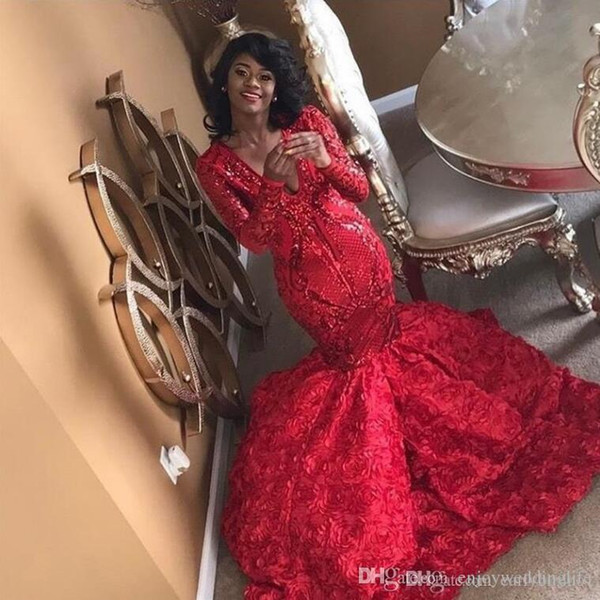 Sequins Beading Red Mermaid Prom Dresses Long Sleeves Evening Dress Arabic Dubai Party Dresses Plus Size Special Occasion Dresses