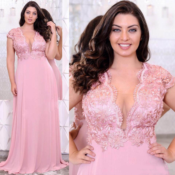 Pink Lace Appliques Plus Size Evening Dresses Deep V-Neck Beaded A Line Prom Gowns Cheap Floor Length Empire Waist Chiffon Formal Dress