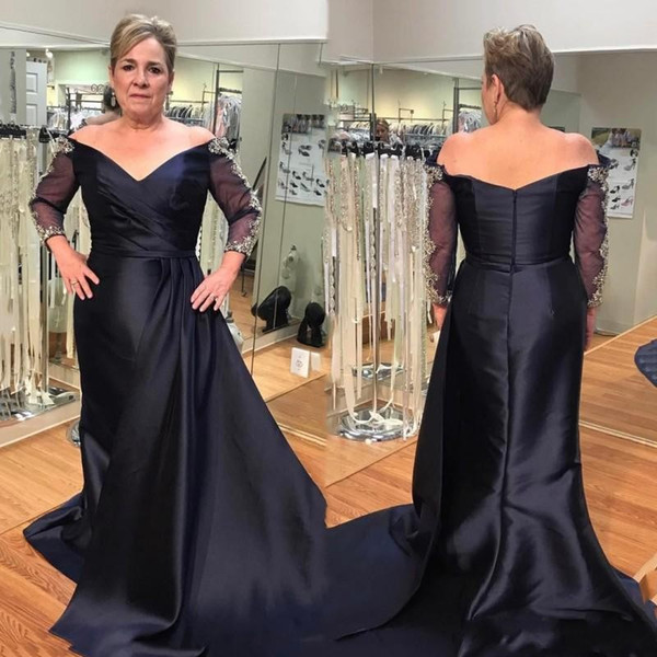 Luxury Mother Dresses New Off Shoulder Long Sleeves Illusion With Lace Appliqued Empire Zipper Stain Sweep Train prom Dresses