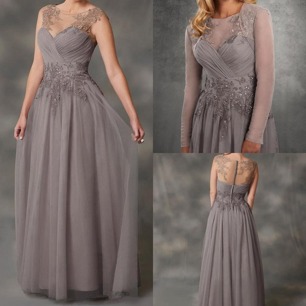 Simple 20118 A-Line Gray Chiffon Mother Of The Bride Dresses With Jacket Applique Lace Dresses Evening Wear Cheap Guest Dresses