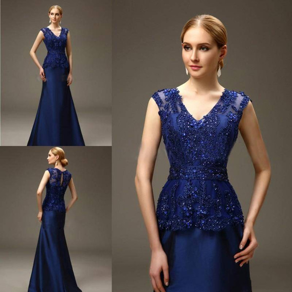 Elegant Royal Blue Mermaid Mother Of The Bride Dresses V Neck Beads Lace Appliqued Formal Floor Length Mothers Evening Dresses