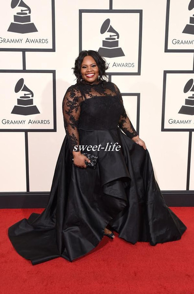 Cheap 2016 Grammys Plus Size Formal Dresses Long Sleeve Lace Applique Prom Dress Jewel Neck Sweep Train Black Celebrity Evening Mother Gowns