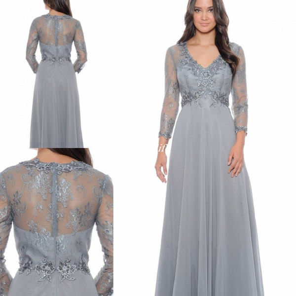Elegant Lace Bodice Full Sleeves Chiffon Gowns Mother of the Bride Dresses Cheap A-Line Formal Guest Party Evening Gowns Empire Waist