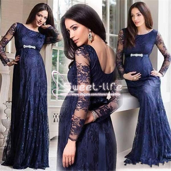 Maternity Evening Dresses Long Sleeves Scoop Neck Beaded Sash Empire Dark Navy Blue Mother Prom Celebrity Gowns Party Dresses