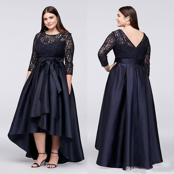 Black Plus Size High Low Formal Dresses With Half Sleeves Sheer Jewel Neck Lace Evening Gowns A-Line Cheap Short Prom Dress