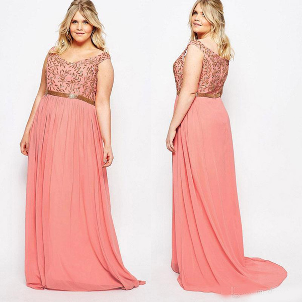 Stunning Plus Size Prom Dresses V Neck A-Line Chiffon Formal Dress Floor Length Pleated Evening Gowns