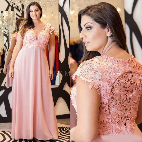 Stylish Lace Plus Size Prom Dresses Deep V-Neck Beaded A Line Evening Gowns Cheap Floor Length Empire Waist Chiffon Formal Dress