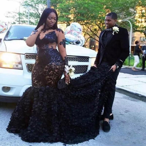 African Plus Size Prom Dresses Sheer Neckline Mermaid Evening Gowns Long Sleeves Tiered Black Girls Formal Dresses Evening