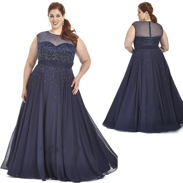 Navy Blue Red Chiffon Plus Size Prom Dresses Plus Special Occasion Dress Bling Sequins Sheer Crew Cap Sleeve Plus Size Evening Gowns