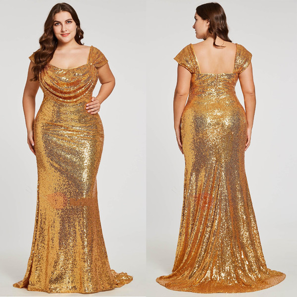 Sparkly Gold Sequined Plus size Evening Prom Dress Square Neck Mermaid Zipper Back Floor Length Ruched New Pageant Dress