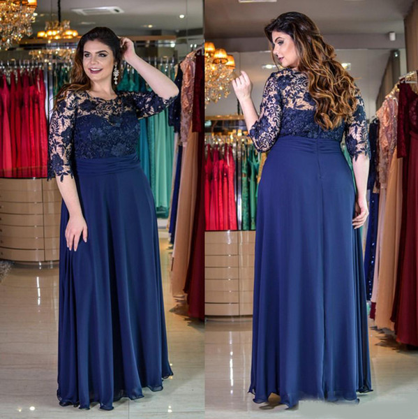 Dark Navy Plus Size Lace Evening Dresses With Half Sleeves Sheer Bateau Neck A Line Beaded Prom Gowns Floor Length Chiffon Formal Dress