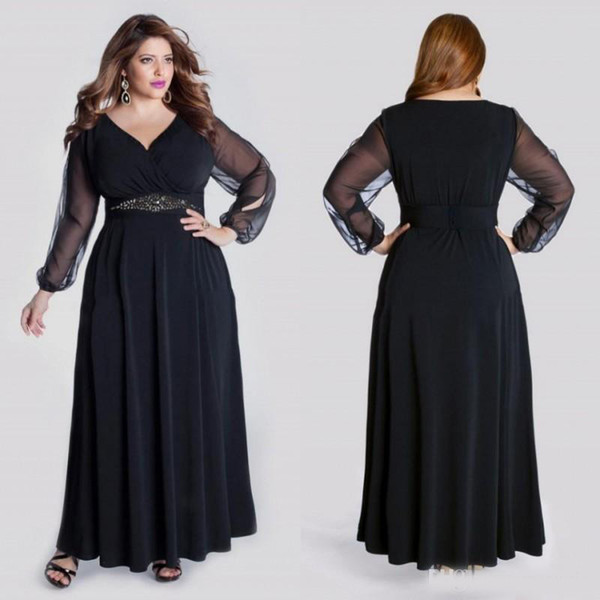 Black Long Sleeve Plus Size Formal Prom Dresses V Neck Crystal Sash Floor Length Evening Gowns A Line Elegant Special Occasion Dress