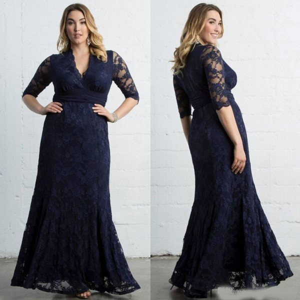 Dark Navy Plus Size Lace Formal Dresses With Long Sleeves V-Neck Ankle Length Evening Gowns Cheap Mermaid Prom Dress