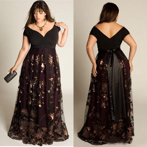 Newest Plus Size Evening Dresses Sleeves A-Line Off The Shoulder Formal Dress Sequins Appliqued Floor-Length Special Occasion Gowns