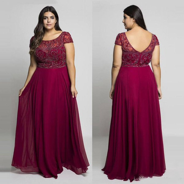 Burgundy Plus Size Prom Dresses Sheer Jewel Neck Chiffon Backless Evening Gowns A-Line Floor Length Long Beaded Formal Dress