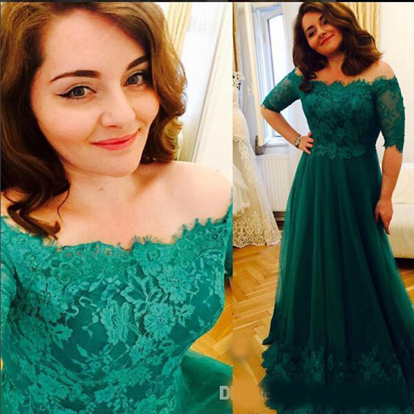 Emerald Green Plus Size Prom Dresses Off The Shoulder A-line Tulle Appliques Lace Maxi Evening Party Gowns Half Sleeves