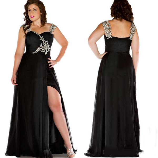 Black Plus Size Dresses Evening Wear Spaghetti Straps Pleats Beaded Chiffon Maxi Special Occasion Dress Formal Party Prom Gowns