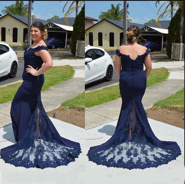 Plus Size Evening Gowns Dark Navy Blue Off The Shoulder Mermaid Night Dresses For Fat Women Maxi Sizes Casual Special Occasion Dress