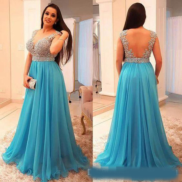 Stunning Beaded Chiffon Plus Size Prom Dresses Deep V Neck Backless Evening Gown Floor Length Pleated Long Formal Guest Dress