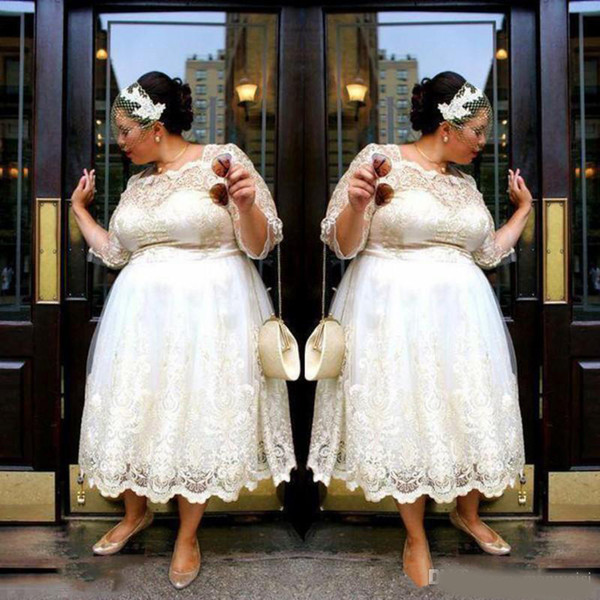 Lace Plus Size Short Prom Dresses Tea Length A Line Evening Gowns Illusion Long Sleeves Women Vestidos Custom Made Cheap