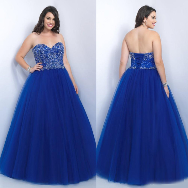 Plus Size Prom Dresses Blue Sequin Crystals Beading Lace Up Back Elegant Unique Design Fashion Tulle Gown Sweetheart Neck Pageant Dresses