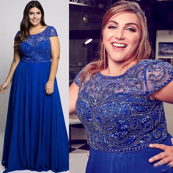 Stunning Blue Beaded Plus Size Evening Dresses Sheer Bateau Neck A Line Prom Gowns Cheap Floor Length Chiffon Formal Dress