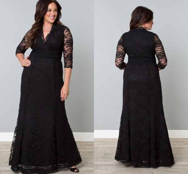 Black Full Lace Plus Size Formal Dresses V-Neck 3/4 Sleeve Mermaid Evening Gowns Floor Length Mother Of The Bride