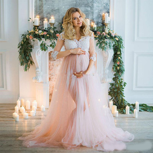 Sexy Pregnant Tulle Evening Dress Lace 3/4 Sleeve Illusion Maternity Women Prom Dress Vestido De Noche Plus Size Party Gown