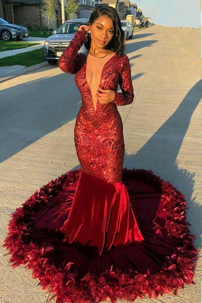 Dark Red V Neck Long Sleeves Feather Mermaid Prom Dresses Sparkling Sequined Lace Sweep Train Formal Party Evening Gowns BC3516