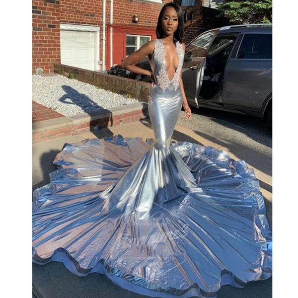 Light Blue Mermaid Evening Dresses Long New Arrival Sparkly Glitter Rhinestones Court Train Prom Gown Black Girls Plus Size