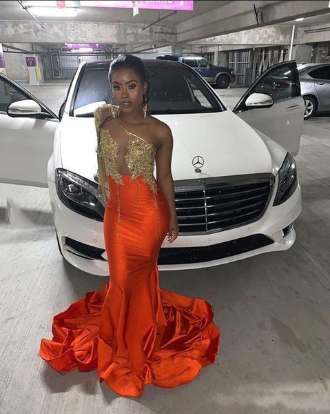 Charming Orange Mermaid Prom Dresses One Shoulder See Through Lace Appliques Formal Dress Black Girls Party Dress Evening Gowns