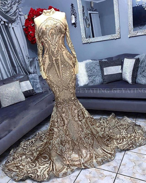 Sparkly Gold Sequin Mermaid Long Sleeve Prom Dresses for Black Girls High Neck Court Train African Formal Gowns evening Dress