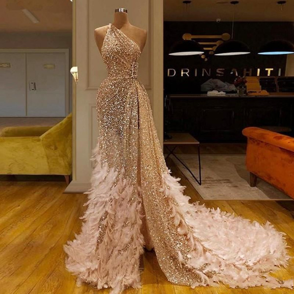 Luxury One Shoulder Mermaid Prom Dress With Feathers Sparkly Gold Sequined Evening Gown Plus Szie Arrican Arabic Party Formal Dresses