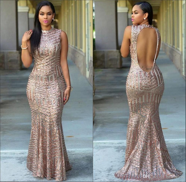 Sexy Open Back Mermaid Prom Dress Cheap Rose Gold Sequined Evening Formal Party Gown Black Girl Pageant Dresses BC2161