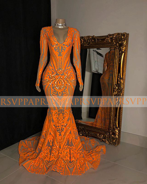 Long Elegant Prom Dresses V-neck Long Sleeve Sexy Mermaid Black Girl African Women Orange Sequin Prom Dress