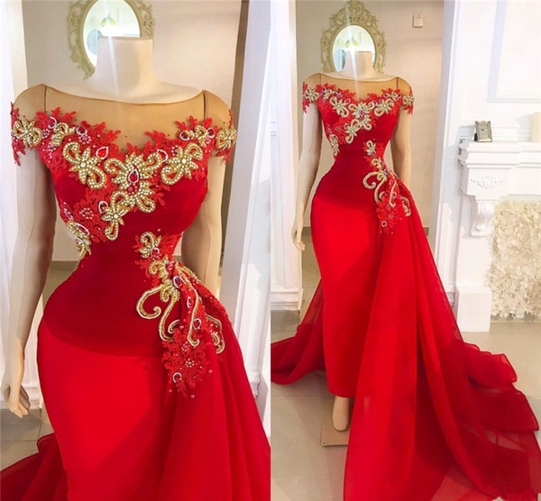 Luxury Shinny Crystal Beaded Mermaid Prom Dresses Vintage Cap Sleeves Evening Gown Saudi Arabic Long Formal Party Gown