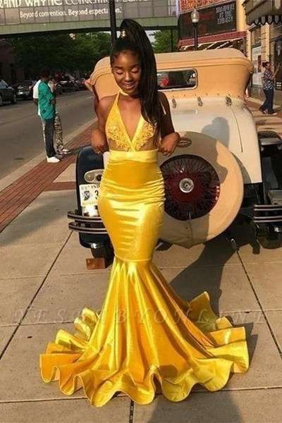 Yellow Open Back Mermaid Prom Dresses Sexy Deep V Neck Long Sleeves African Lace Appliques Evening Gown Black Girl Formal Party Dress