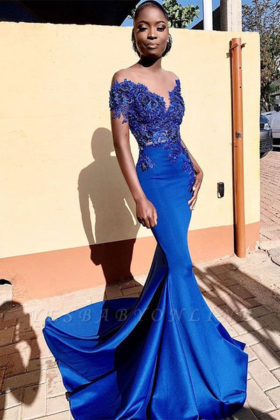 Royal Blue Off Shoulder Mermaid Prom Dresses Sexy African Lace Appliques Evening Gown Black Girl Formal Party Dress