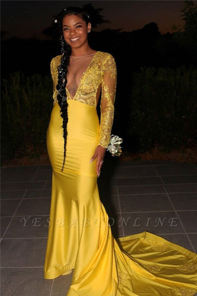 Yellow Open Back Mermaid Prom Dresses Sexy Deep V Neck Long Sleeves African Lace Appliques Evening Gown Black Girl Formal Party Dress